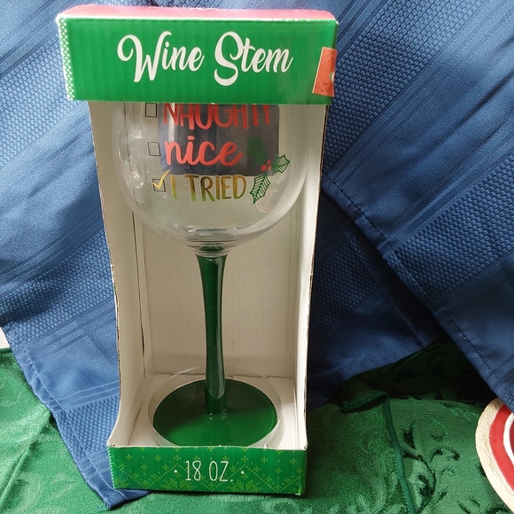 Wine Stem Holiday Long Stem Wine Glass, with Naughty, Nice,Tired slogan Red,Gree - Picture 1 of 5